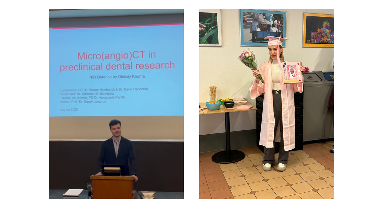 left: PhD student at the beginning of his defense, PowerPoint in the background; right: PhD student after her defense, holding flowers