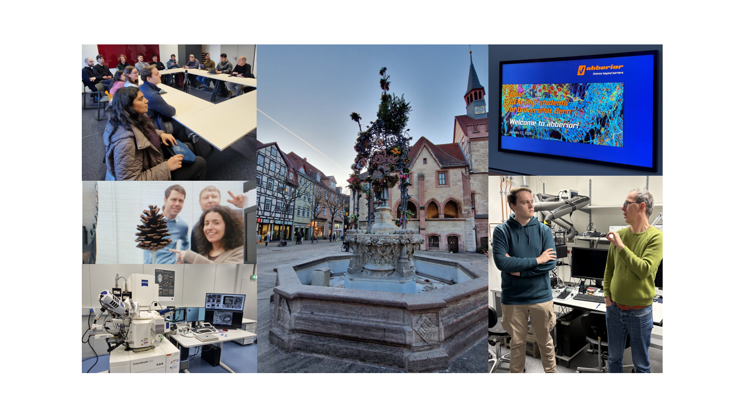 Collage of the Study Trip. features students sitting and listening, students in conversation with instructors, welcome slide at abberior Instruments GmbH, a microscope and computers in a lab and a picture from a fountain in the old town of Göttingen